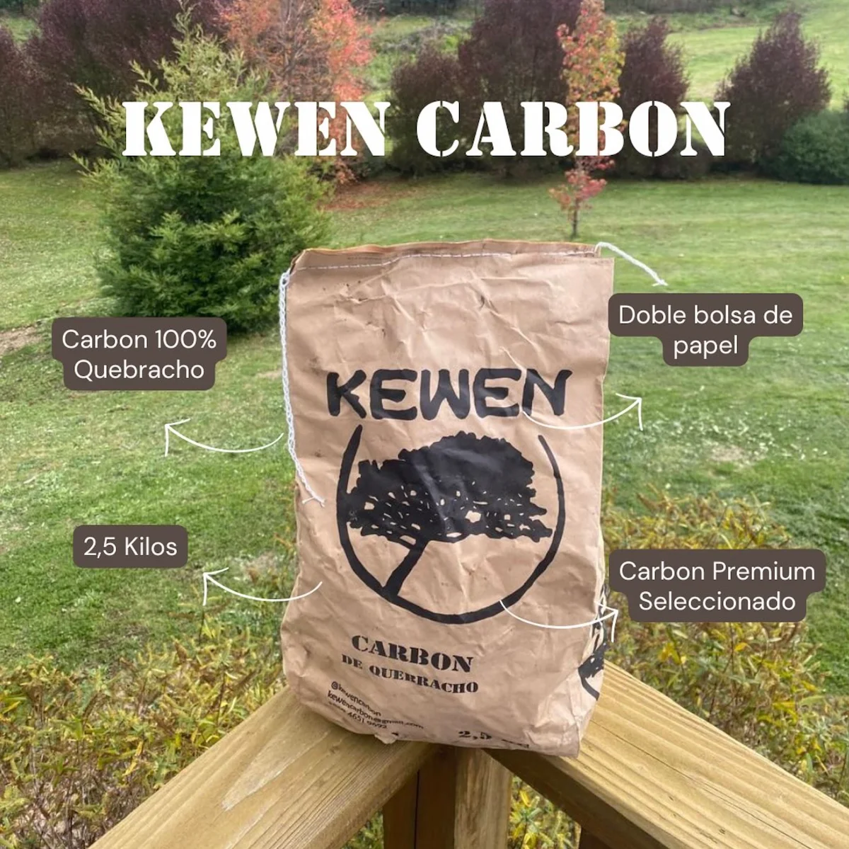 Emprendimiento local Kewen Carbón en el sur de Chile, saco de 2.5kg de quebracho colorado.